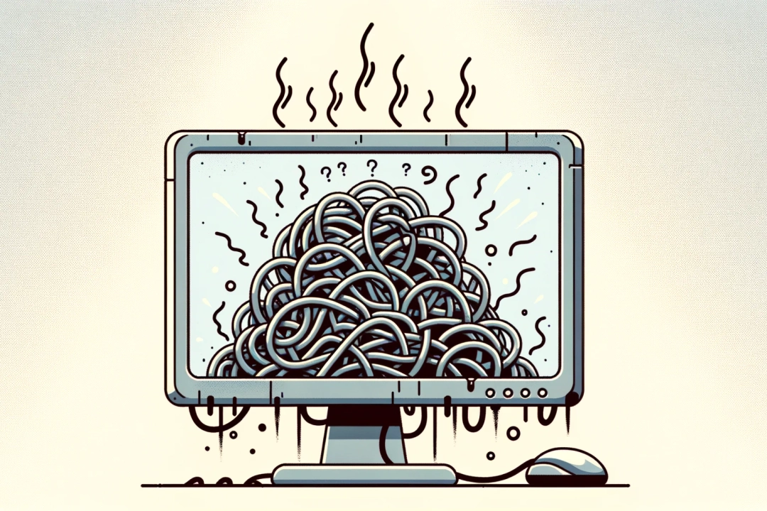 An illustration of tangled wires forming a knot inside a computer monitor, emitting steam and question marks, symbolizing the complexity and confusion associated with poor programming practices and the need for best practices for eliminating Python code smells.