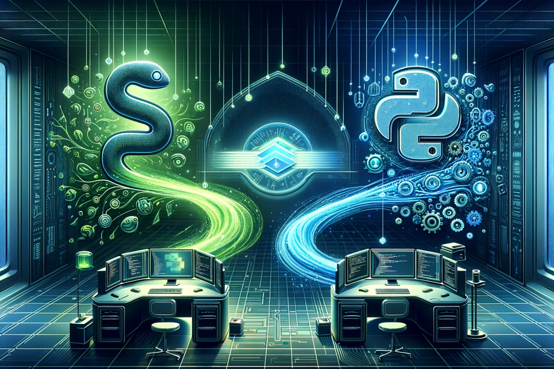 An artistic conceptualization of a high-tech control room showing the dynamic process of improving Python application performance with Nuitka, where symbolic Python and C++ elements intertwine in a flow of energy and data, indicative of the compilation journey from high-level Python code to optimized C++