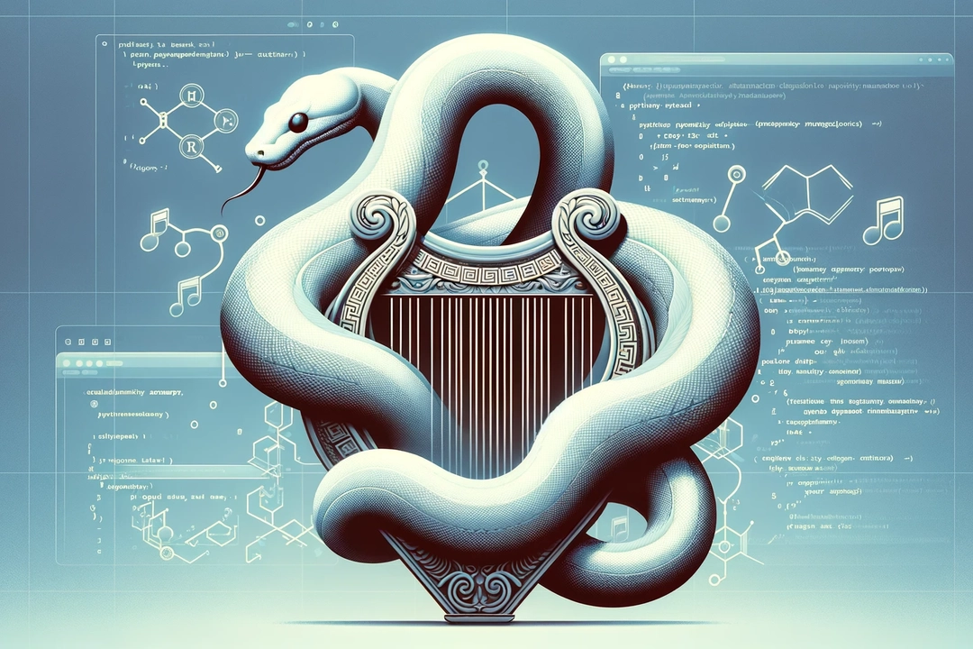 Python logo entwined with ancient Greek lyre, symbolizing the management of Python project dependencies with Poetry, with code and musical notes in the background.