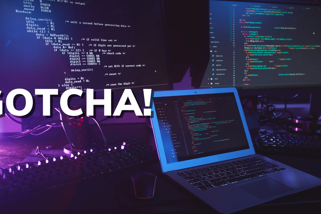 Computer screens displaying code with the text 'GOTCHA!' highlighting Python common pitfalls and fixes for syntactic snafus in programming.