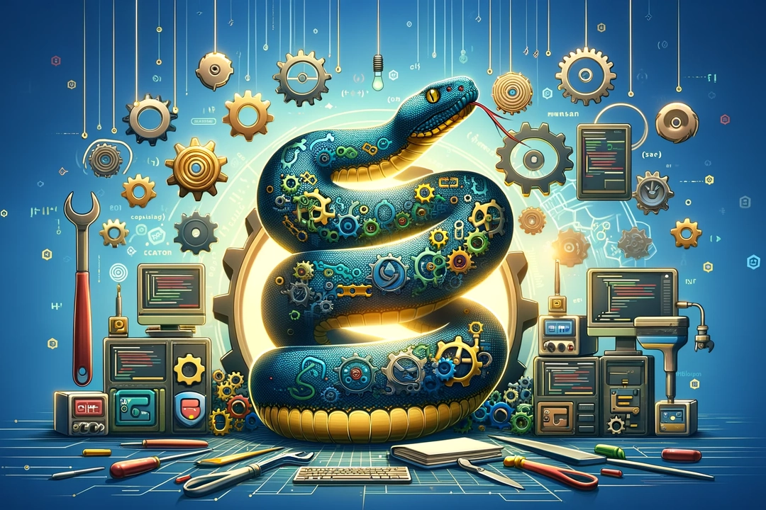 An intricate digital artwork showcasing a mechanical snake with various gears and tools representing Python function optimization tips for better code maintainability, surrounded by computer screens displaying code, books on programming, and electronic components, all against a vibrant blue background symbolizing technological innovation and software development.