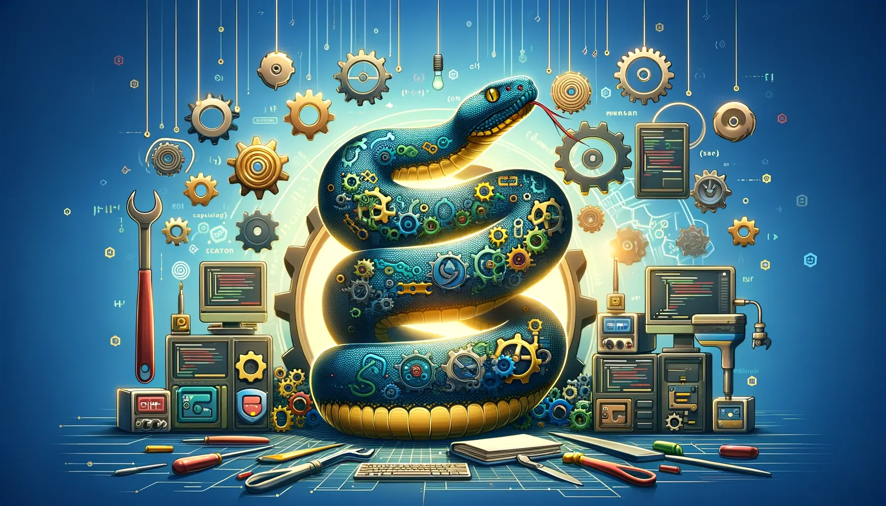 An intricate digital artwork showcasing a mechanical snake with various gears and tools representing Python function optimization tips for better code maintainability, surrounded by computer screens displaying code, books on programming, and electronic components, all against a vibrant blue background symbolizing technological innovation and software development.