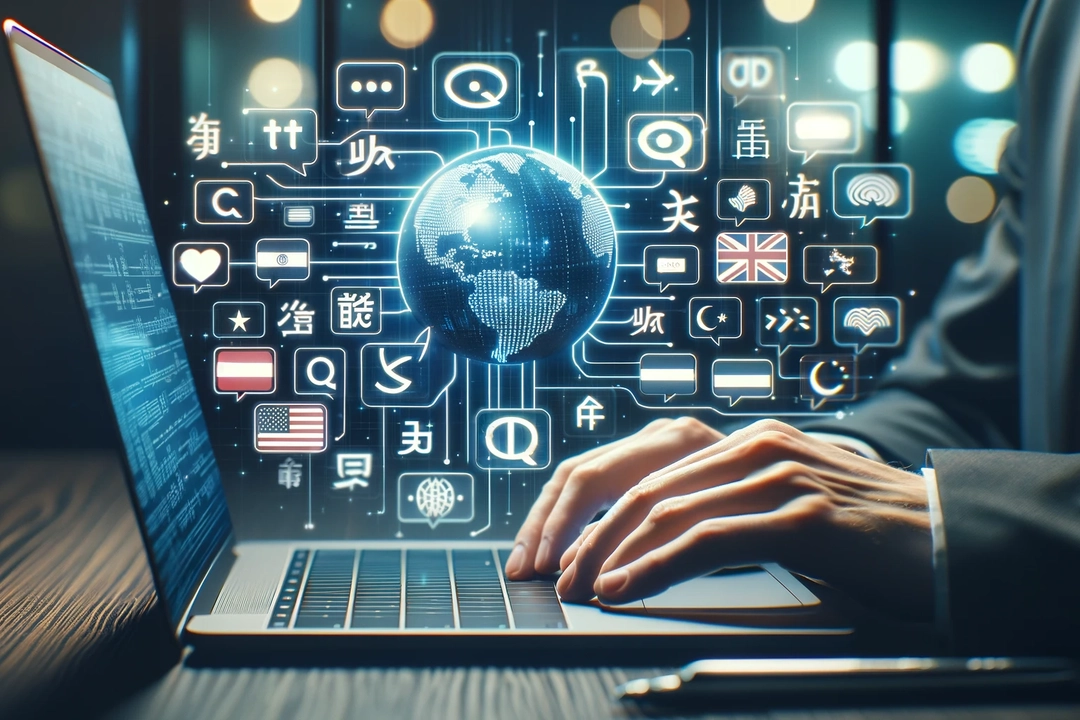 A professional working on a laptop with a holographic display of various international communication icons and a digital globe, representing the concept of 'Translating SRT files with AI' for global connectivity and digital translation services.
